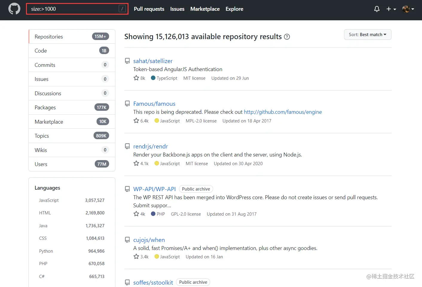 size:>1000(size大于1000KB的仓库)