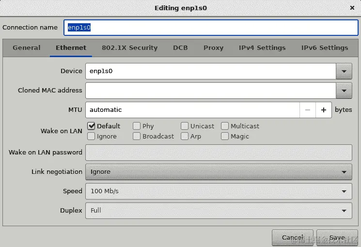 图 1.46 - RHEL8 安装 - 网络和主机名配置；接口配置；以太网选项卡