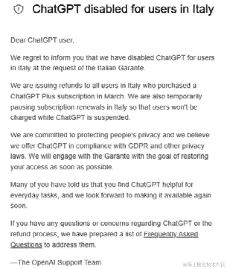 图 11.10 - 访问 ChatGPT 时 OpenAI 在意大利的消息