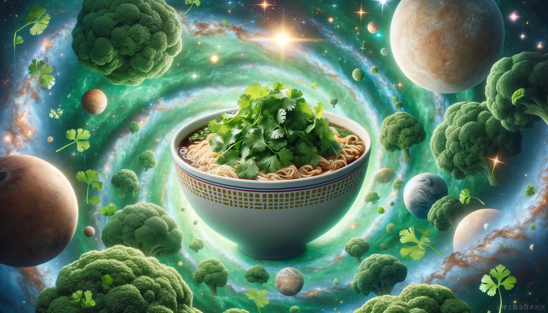 DALL·E 2023-12-23 18.14.46 - Imagine a whimsical universe where everything is made of cilantro, but at the center of this green cosmos, there's a gigantic bowl of beef noodles. Th.png