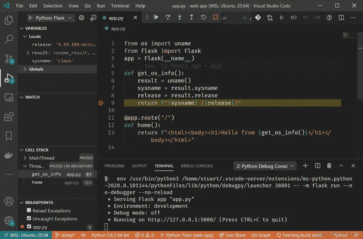 图 9.12-Visual Studio Code 在 WSL 中调试 Python 应用程序的屏幕截图