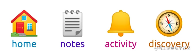 Screenshot. Shows the same layout as before, only with a prettier and bigger font and even bigger icons, backgrounds and each menu item having a different color value based on its --hue.