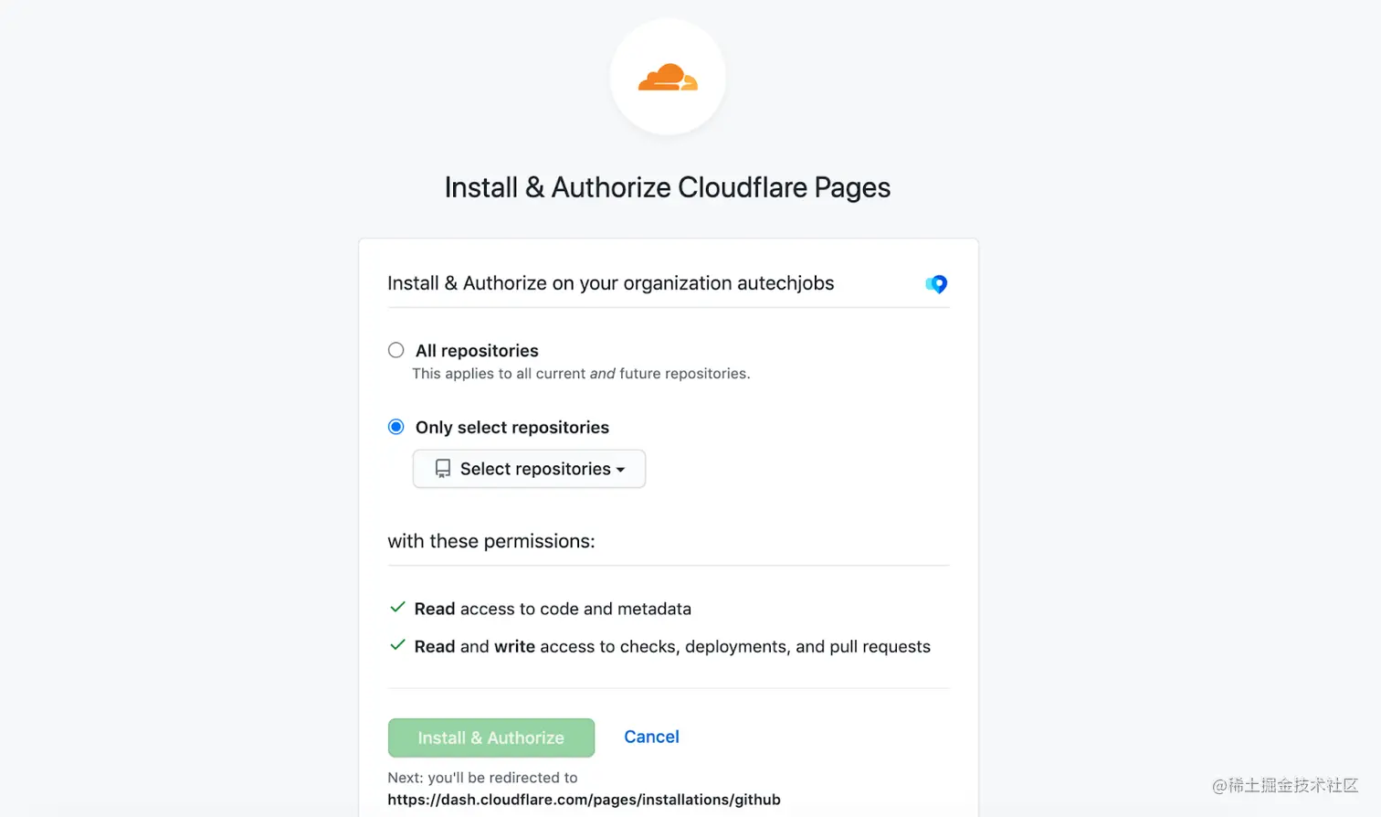 Screenshot of Github install and authorize Cloudflare pages tab
