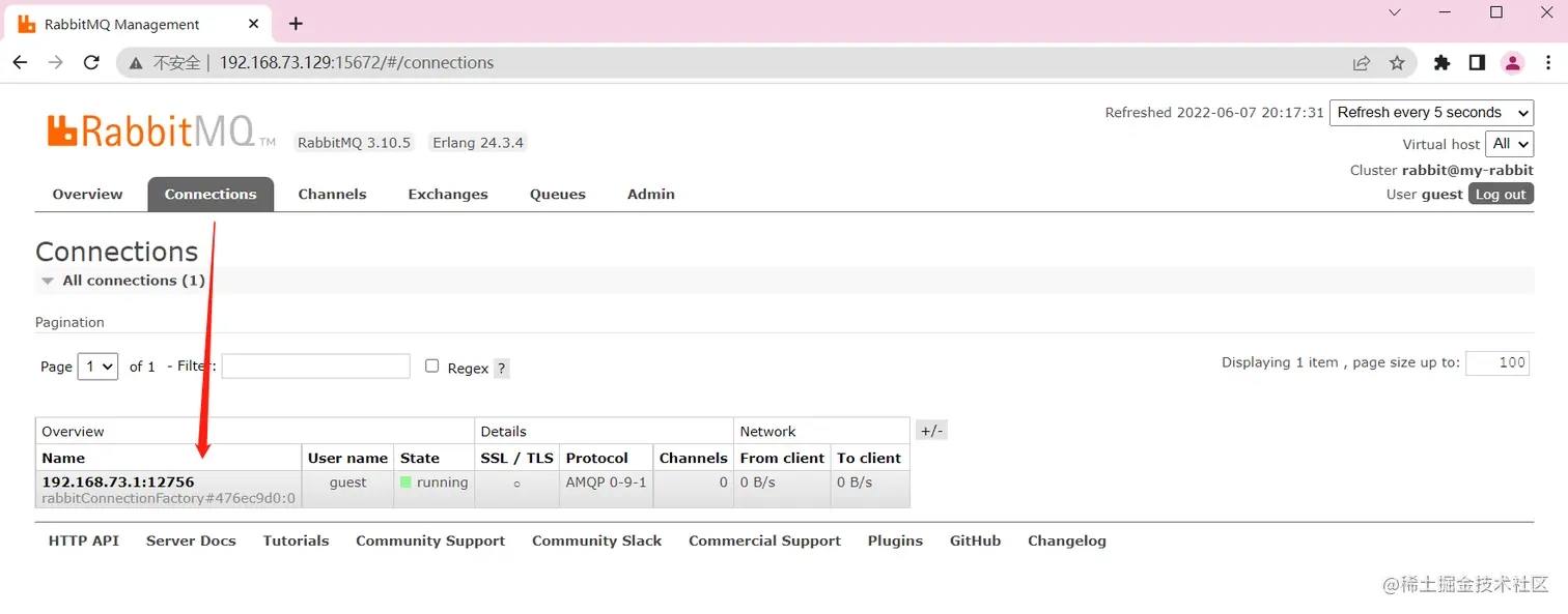 RabbitMQ主页中的连接