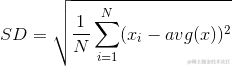 SD=\sqrt{\frac{1}{N}\sum_{i=1}{N}(x_{i}-avg(x))2}