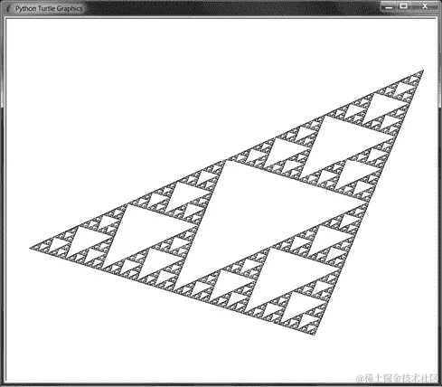 使用乌龟模块使用不规则三角形绘制的谢尔宾斯基三角形的屏幕截图。图像看起来像是从一个角度观看的等边谢尔宾斯基。