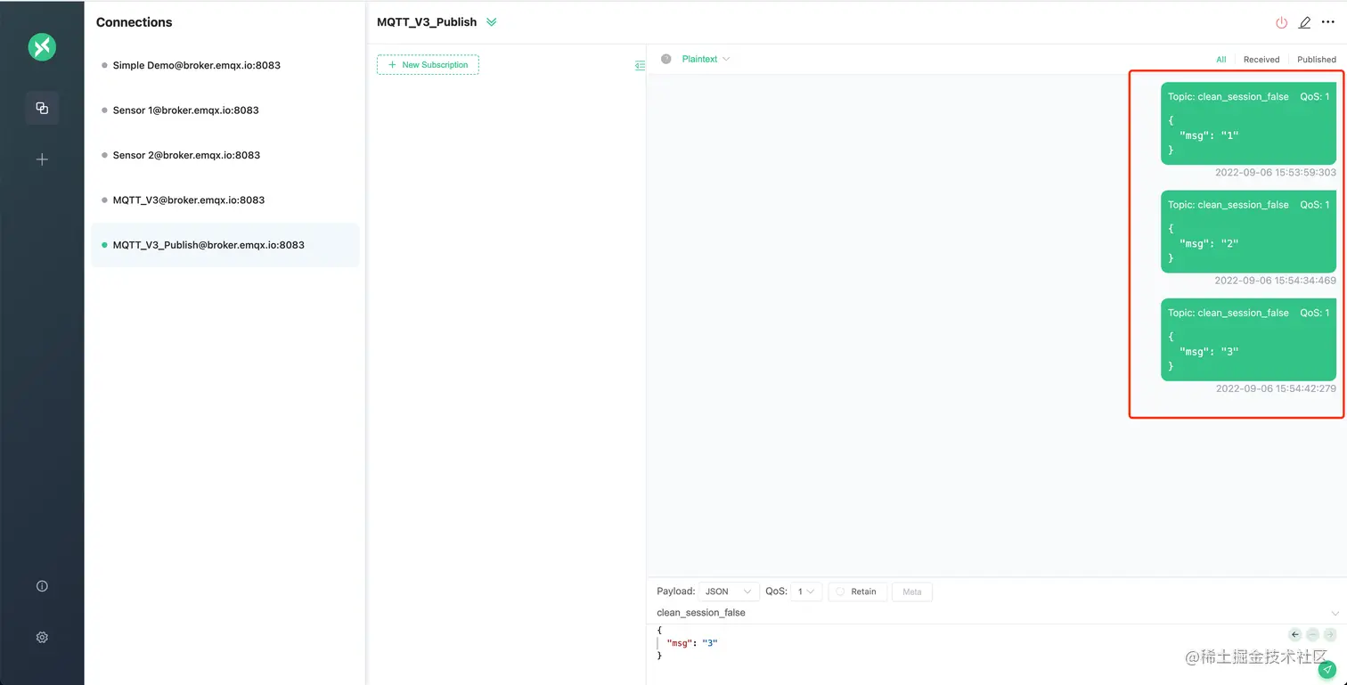 创建一个名为 MQTT_V3_Publish 的连接