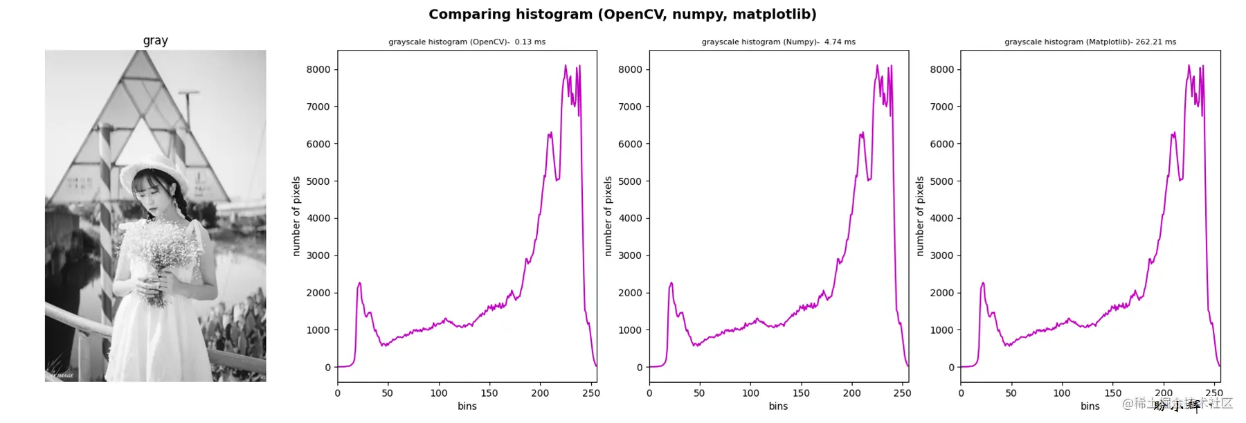 OpenCV、NumPy和Matplotlib灰度直方图比较