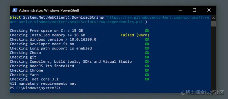 Checking prerequisites for React Native for Windows development