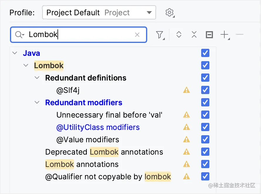 Lombok inspection settings