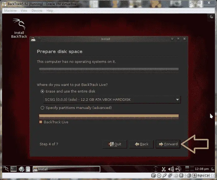 在 Oracle VM Virtual Box 上安装 BackTrack5 R2