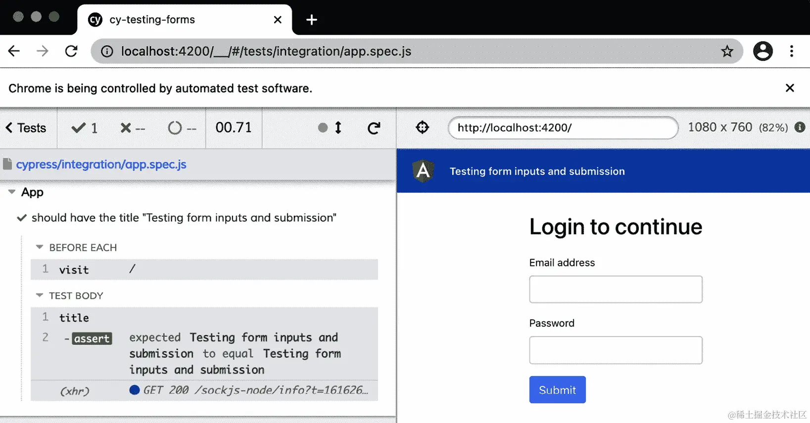 图 11.7 - Cypress 测试正在运行 cy-testing-forms 应用程序