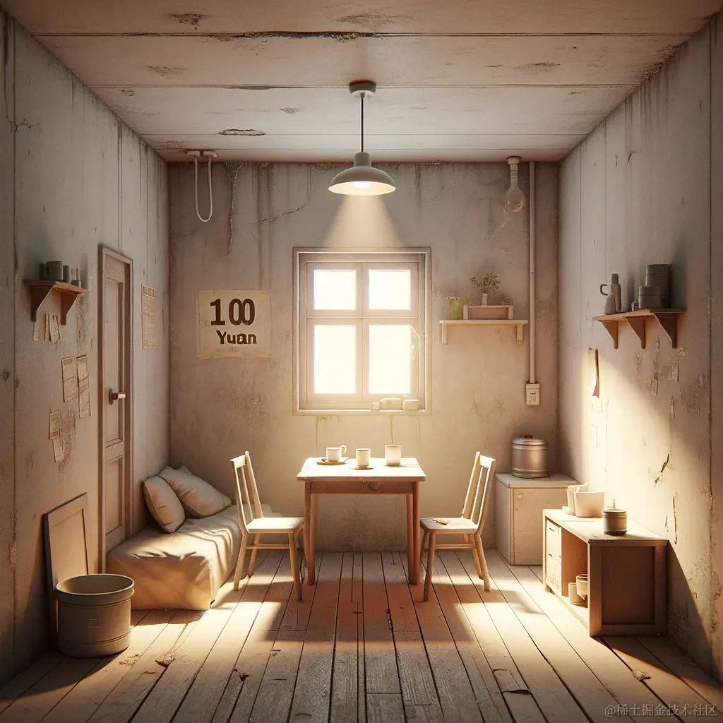 DALL·E 2024-01-08 15.16.37 - The interior of a fictional house that looks like it's worth only 100 yuan. The scene shows a slightly better condition than the 10 yuan house. There'.png