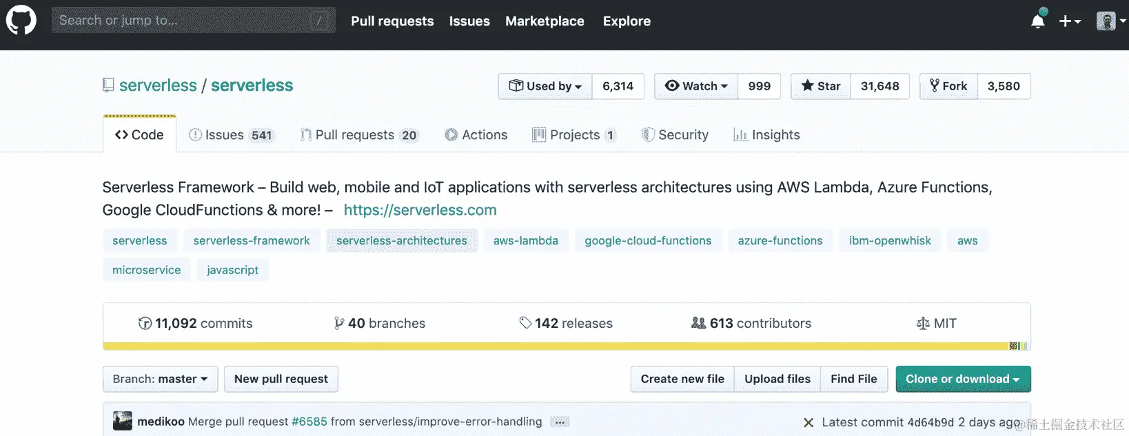 图 3.20：Serverless Framework GitHub 存储库