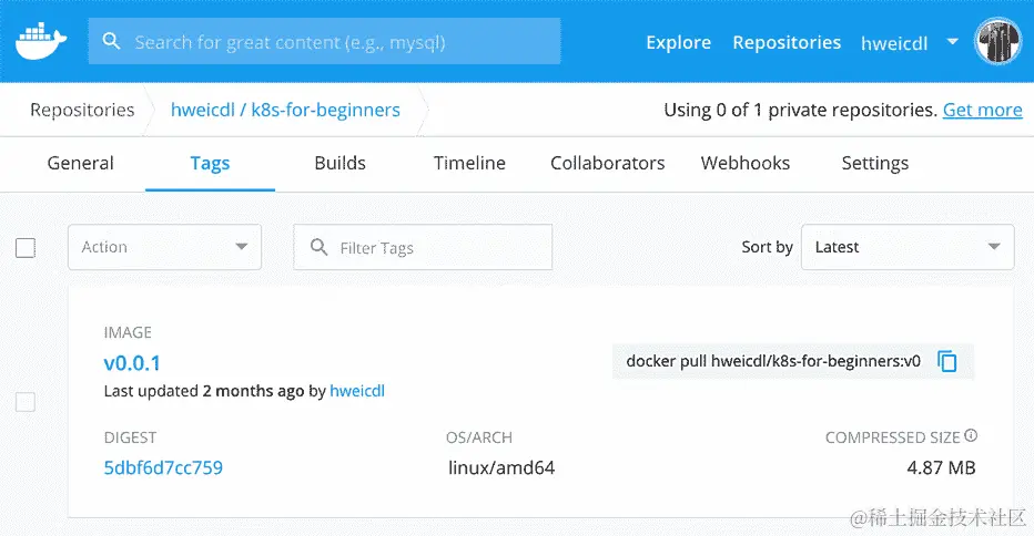 图 1.18：我们图像的 Docker Hub 页面