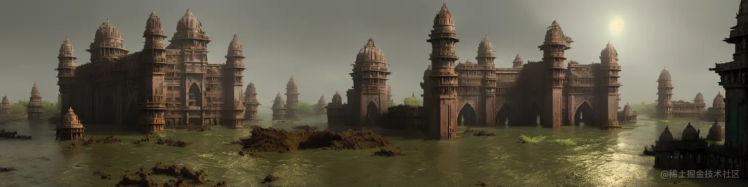 Prompt: A Hyperrealistic photograph of ancient Malaysian architectural ruins in Borneo's East Malaysia, lens flares, cinematic, hdri, matte painting, concept art, celestial, soft render, highly detailed, cgsociety, octane render, trending on artstation, architectural HD, HQ, 4k, 8k