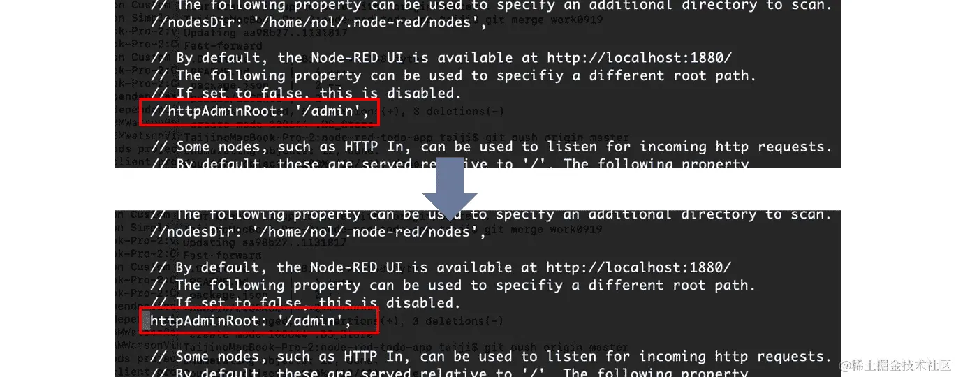 图 9.11 - 取消注释 httpAdminRoot 以启用流编辑器路径