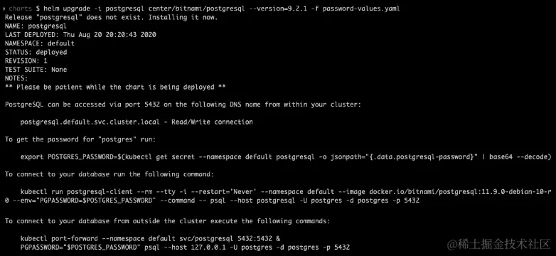 图 9.7 – Helm 安装 PostgreSQL 图表