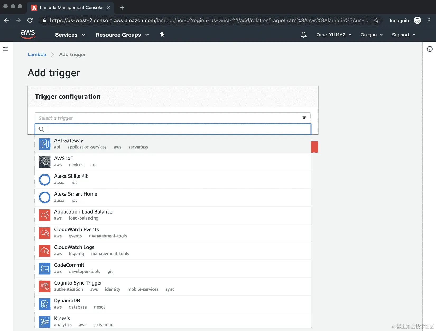图 2.8：AWS Lambda – 触发器列表