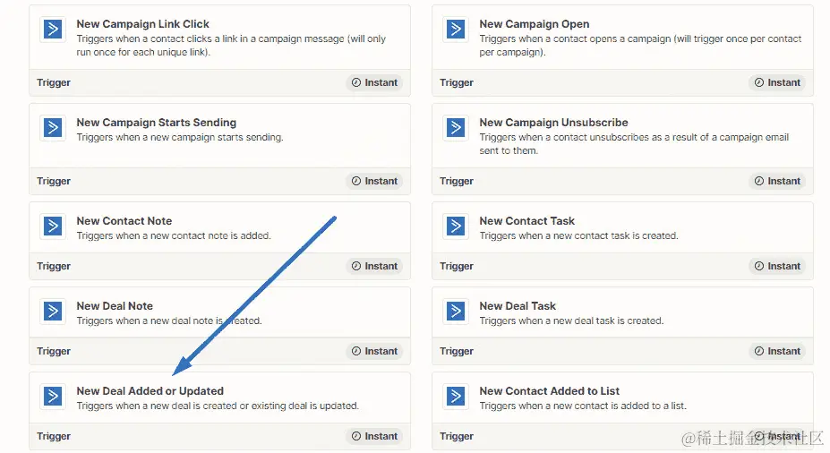 图 3.2 – 展示了 ActiveCampaign 应用程序概要配置的新交易已添加或已更新触发事件