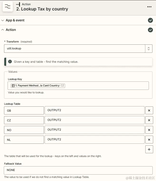 图 23.3 - 在 Formatter by Zapier 操作事件中使用 Utilities 操作事件并选中查找表转换选项来查找税码