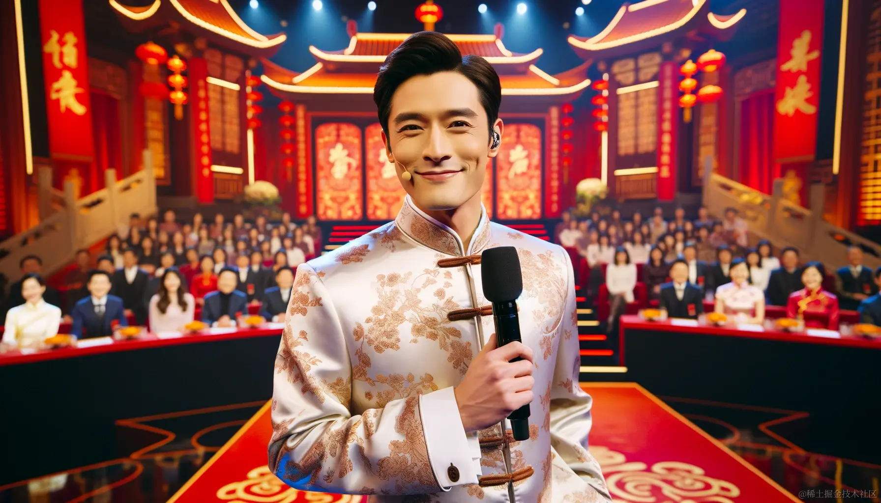 DALL·E 2023-12-19 10.20.35 - A scene from the Chinese Spring Festival Gala with a charismatic host on stage. The host, a middle-aged Asian man in a traditional Chinese outfit, sta.png