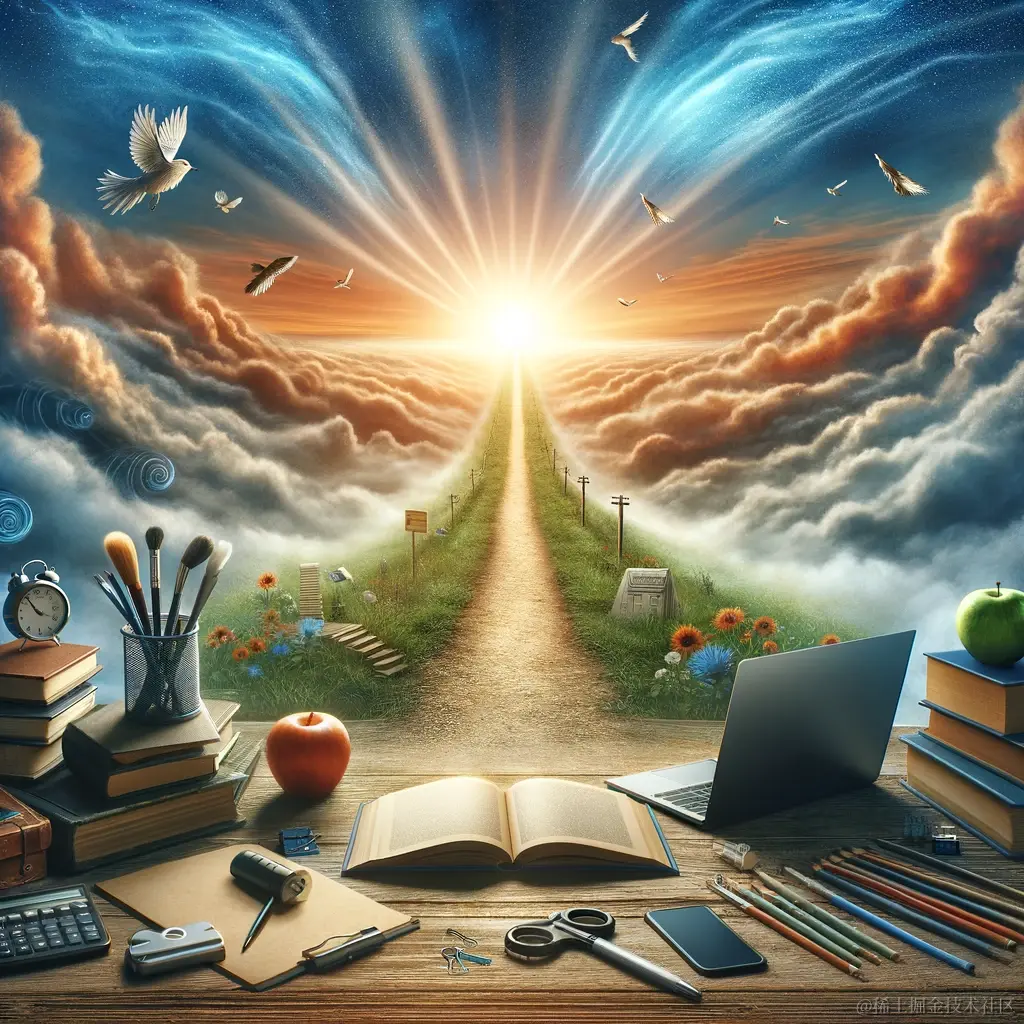 DALL·E 2023-12-28 21.49.25 - An inspiring image of a pathway leading up to a bright horizon, symbolizing a new beginning, with books, a laptop, and professional tools scattered al.png
