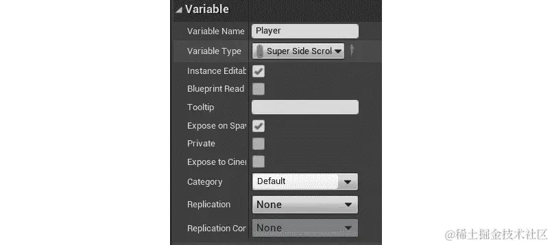 图 15.12：现在，Player 变量应该具有 Instance Editable 并启用了 Expose on Spawn 参数