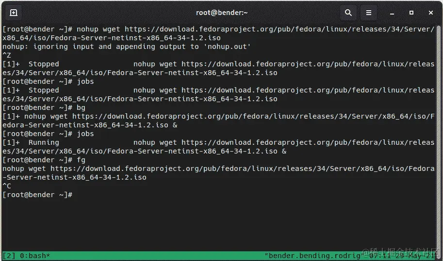 图 16.3 - 挂起进程，恢复到后台，带到前台，中止