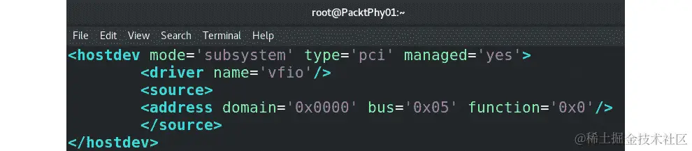 图 6.9 - 用于 KVM 的 GPU PCI 直通定义的 XML 文件