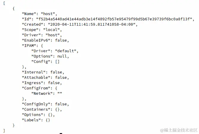 图 6.14：主机网络的 docker 网络检查输出