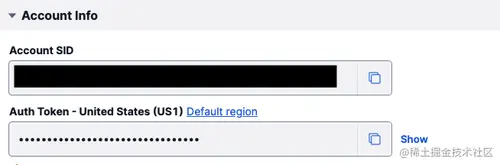 Account Info box with two read-only fields "Account SID" and "Auth Token"