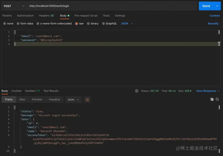 Screenshot of successful login test on Postman