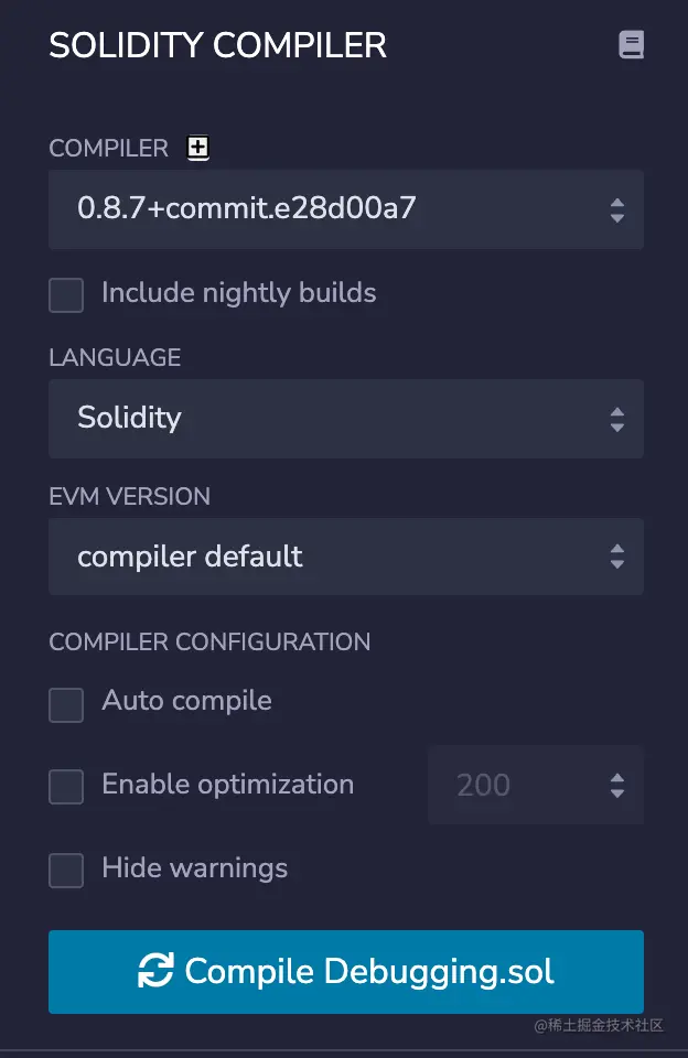 Screenshot of Solidity compiler