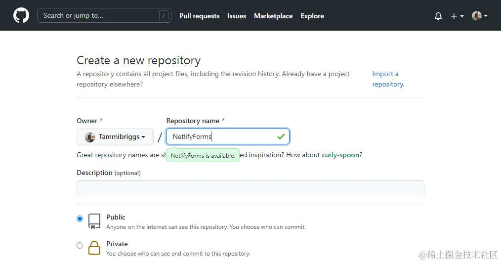Create a new repository page on GitHub
