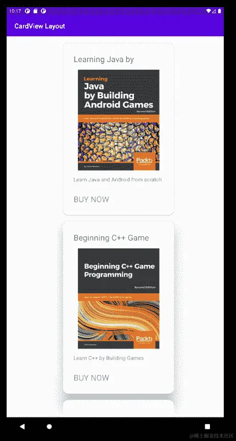 图 5.15 - Pixel C 模拟器运行 CardView 应用程序