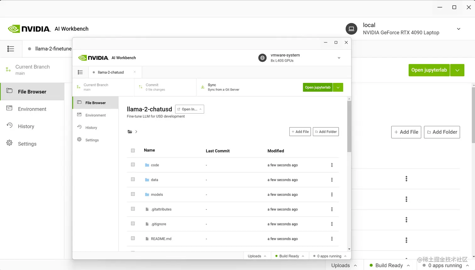  A screenshot showing the AI Workbench user interface with the project for fine-tuning the Llama 2 model with data from PubMedQA dataset.