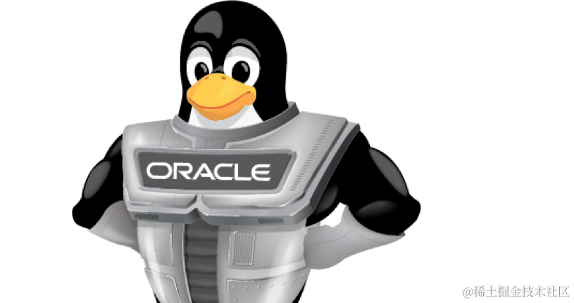Linux Tux 插图 - 一只企鹅，穿着印有 Oracle 的盔甲