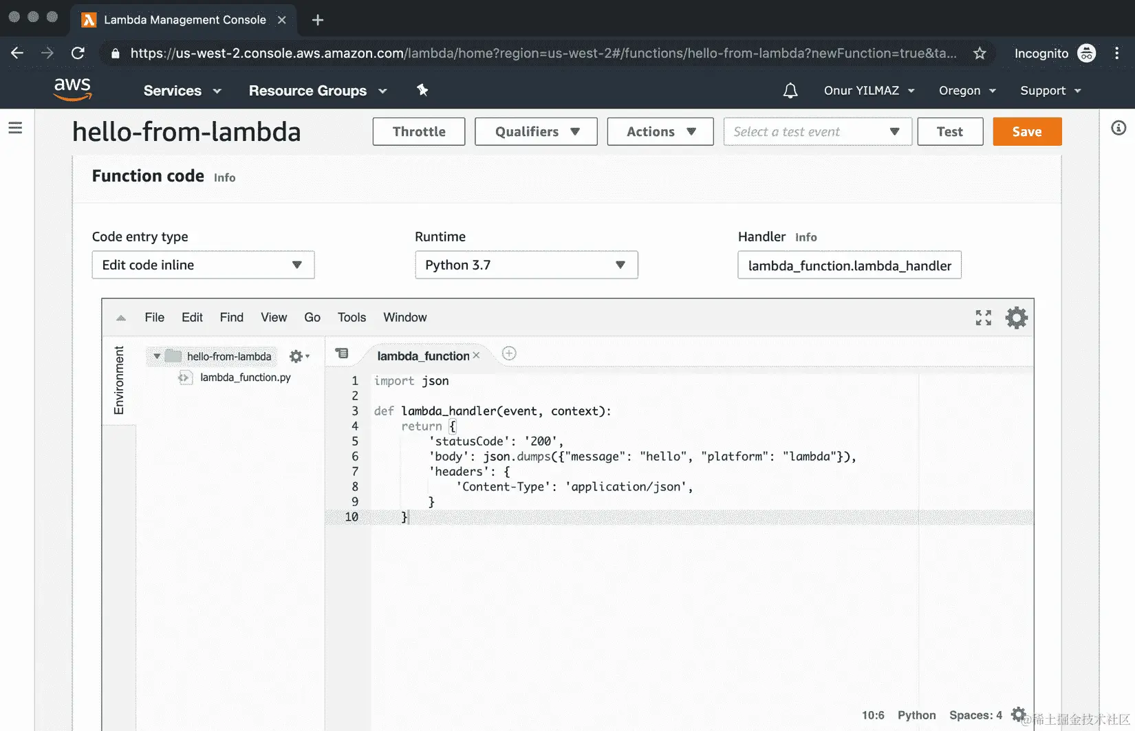 图 2.6：AWS Lambda - hello-from-lambda 函数代码