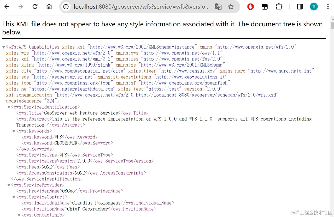 图8.33 WFS GetCapabilities返回结果