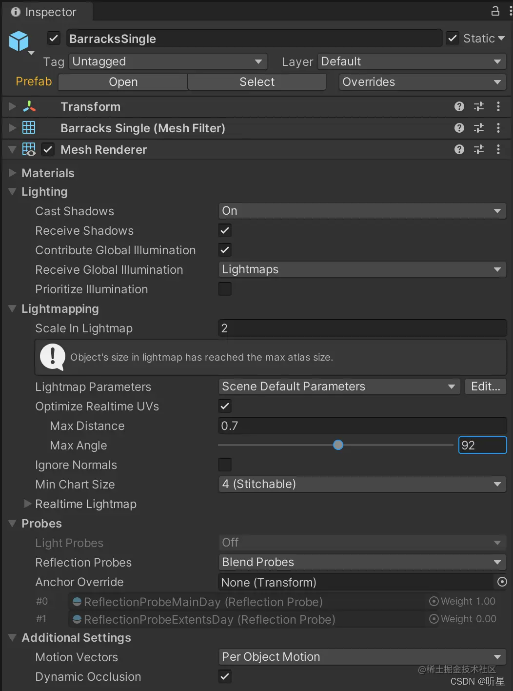在 Mesh Renderer 组件的 Lightmapping 标题下找到的 Max Angle 设置。