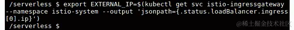 图 6.9：导出 istio-ingressgateway 服务的外部 IP