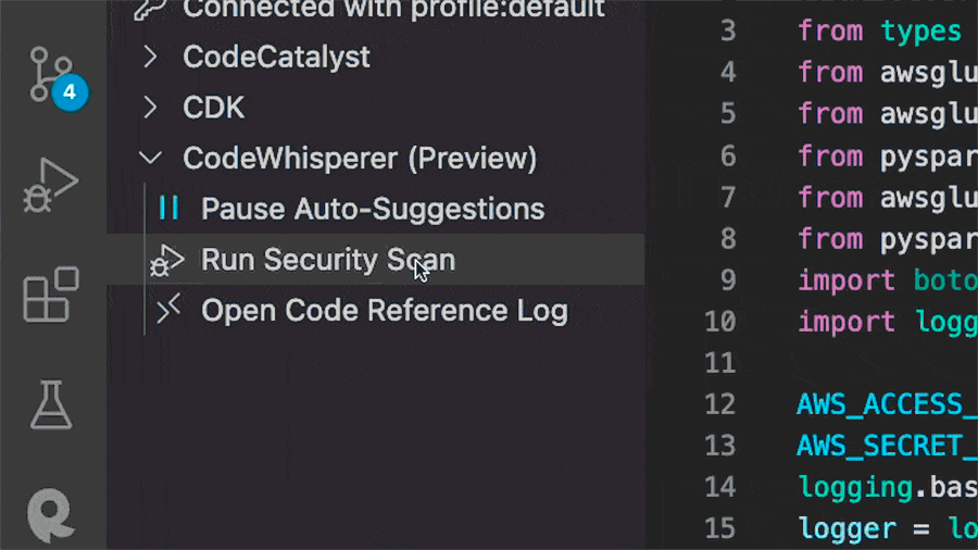 在 CodeWhisperer 中扫描漏洞