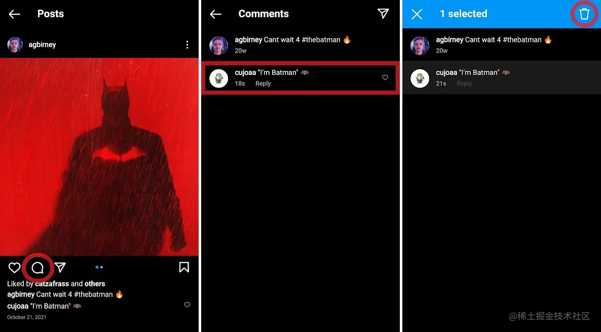 从另一个 Instagram 帖子中删除您的评论
