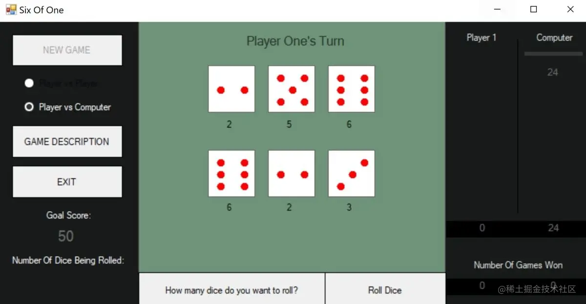 Screen of a Dice Game created using Windows Forms 