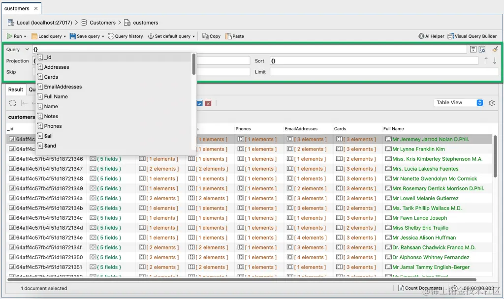 In Studio 3T 2024.1, the Collection Tab now has auto-completion on the Query, Projection, and Sort fields in the Query Bar.