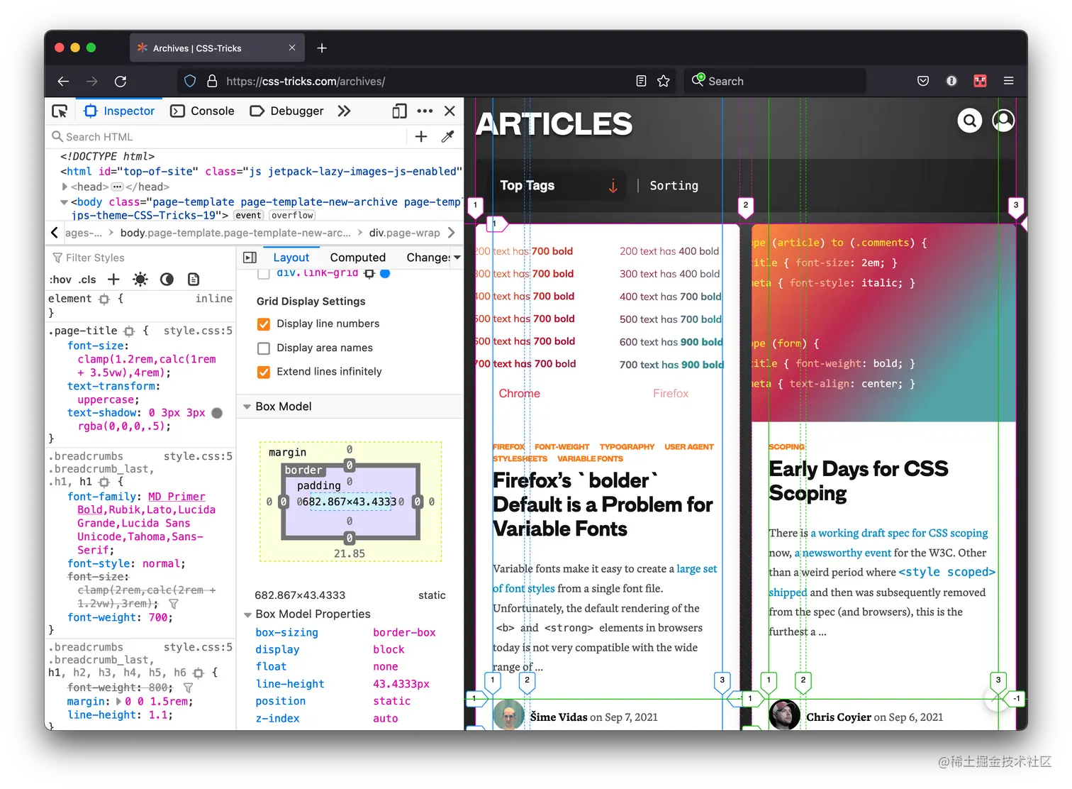 The CSS-Tricks site with DevTools open and docked to the left of the viewport in Firefox. DevTools displays Grid Inspector options and the page contains borders around elements in blue and green to indicate grid track lines.