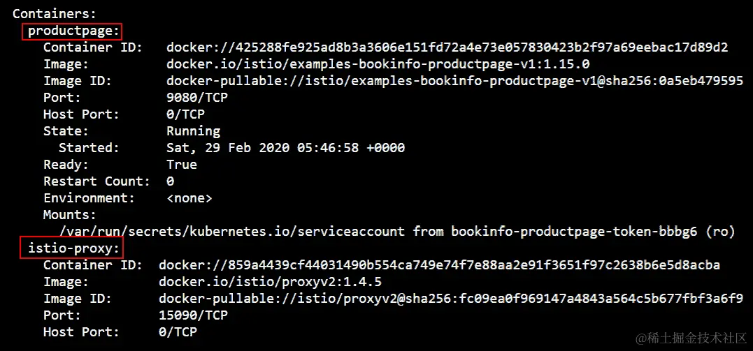 显示 Istio 自动注入边车代理列出产品页面和 istio-proxy 的详细信息的输出。