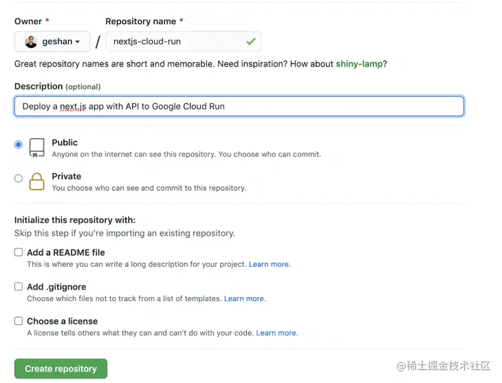 Screenshot of create new github repository screen