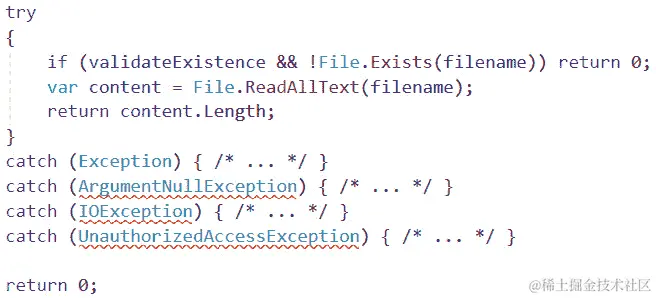 图 14.2 - 当 catch(Exception)是第一个使用的异常时，编辑器会抱怨